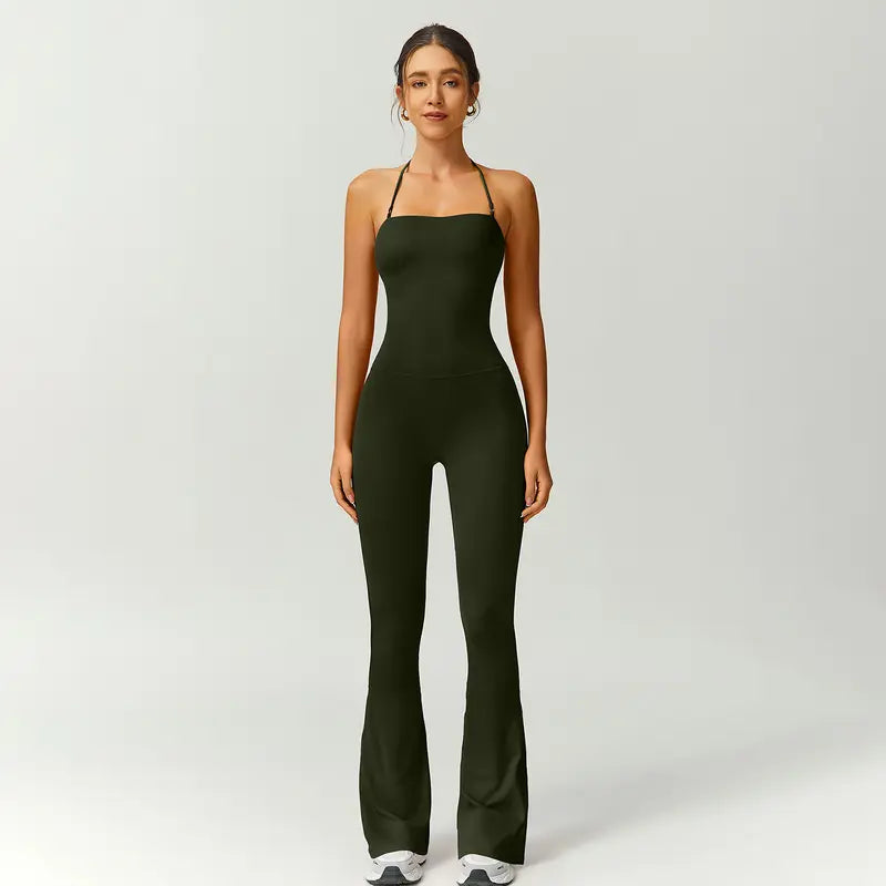 TIMEOFF Women's Halter Neck High Waist Butt Lifting Bodycon Flared Leg Yoga Jumpsuit