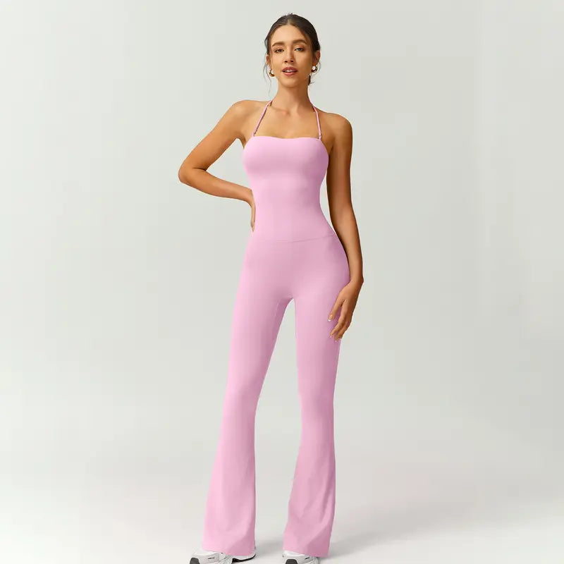 TIMEOFF Women's Halter Neck High Waist Butt Lifting Bodycon Flared Leg Yoga Jumpsuit
