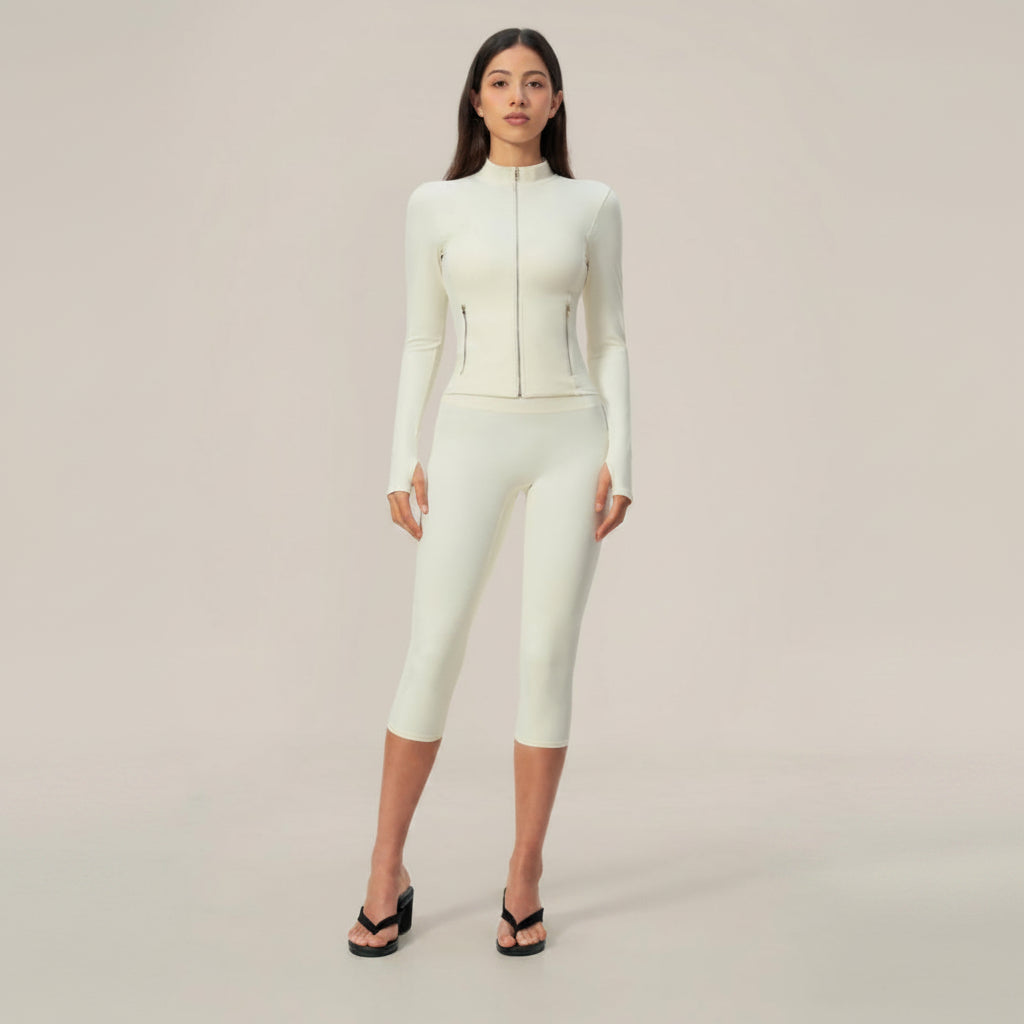 Zip‑Up Jacket & Capri Leggings 2‑Piece Active Set, Slim Fit Thumb‑Hole Workout Outfit