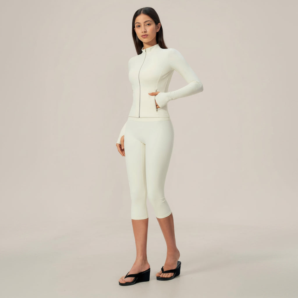 Zip‑Up Jacket & Capri Leggings 2‑Piece Active Set, Slim Fit Thumb‑Hole Workout Outfit