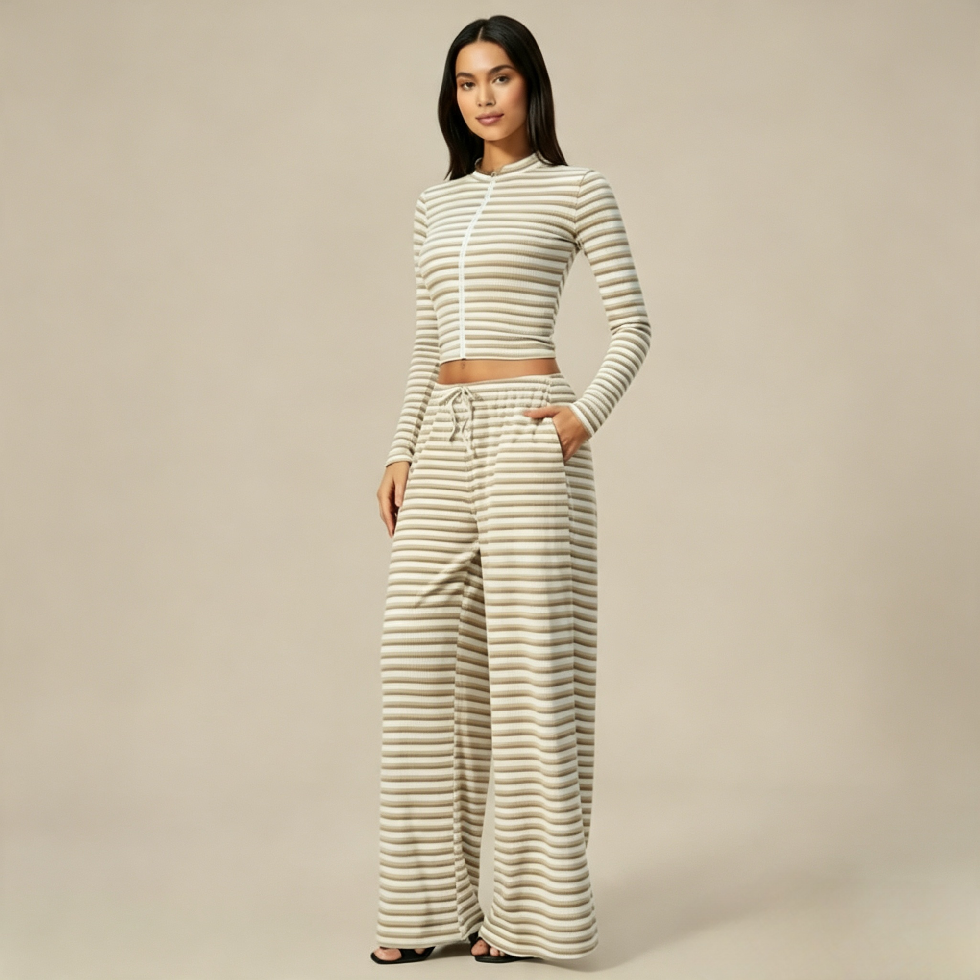 Striped Zip‑Up Long Sleeve Crop Top & Drawstring Wide Leg Pants 2 Piece Loungewear Set